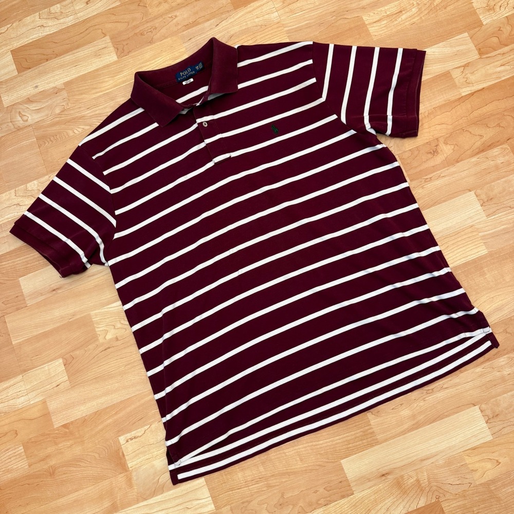 Polo Ralph Lauren Mens 2XL Burgundy White Striped Cotton Polo Shirt Maroon